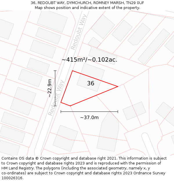 36, REDOUBT WAY, DYMCHURCH, ROMNEY MARSH, TN29 0UF: Plot and title map