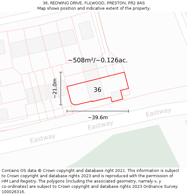 36, REDWING DRIVE, FULWOOD, PRESTON, PR2 9AS: Plot and title map