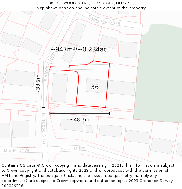 36, REDWOOD DRIVE, FERNDOWN, BH22 9UJ: Plot and title map