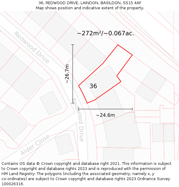 36, REDWOOD DRIVE, LAINDON, BASILDON, SS15 4AF: Plot and title map