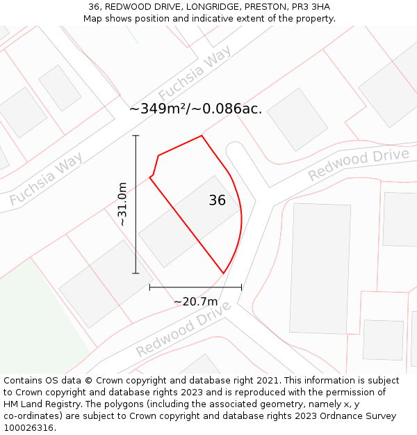 36, REDWOOD DRIVE, LONGRIDGE, PRESTON, PR3 3HA: Plot and title map