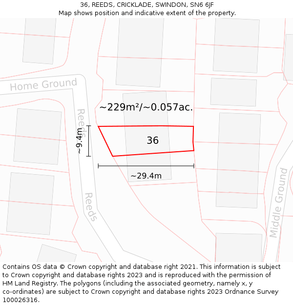 36, REEDS, CRICKLADE, SWINDON, SN6 6JF: Plot and title map