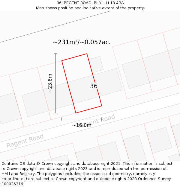 36, REGENT ROAD, RHYL, LL18 4BA: Plot and title map