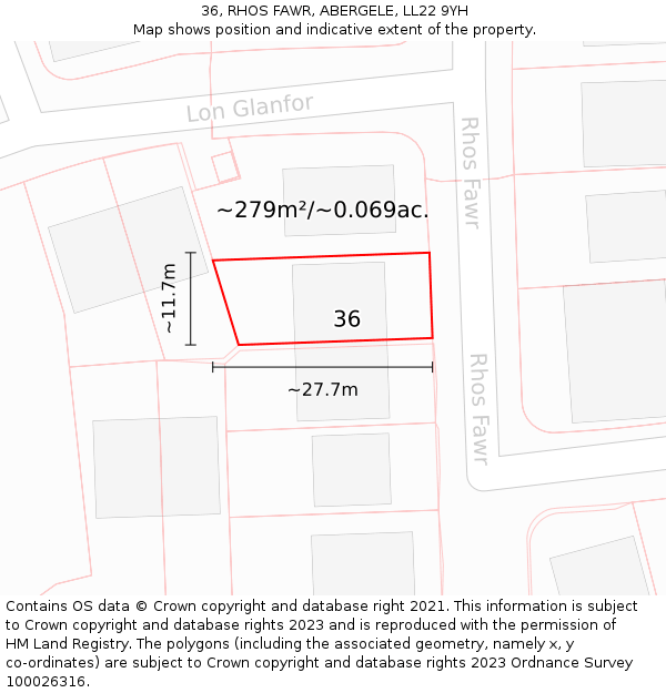 36, RHOS FAWR, ABERGELE, LL22 9YH: Plot and title map
