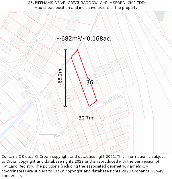 36, RIFFHAMS DRIVE, GREAT BADDOW, CHELMSFORD, CM2 7DD: Plot and title map