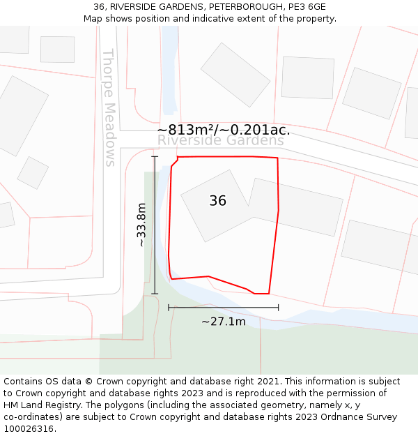 36, RIVERSIDE GARDENS, PETERBOROUGH, PE3 6GE: Plot and title map