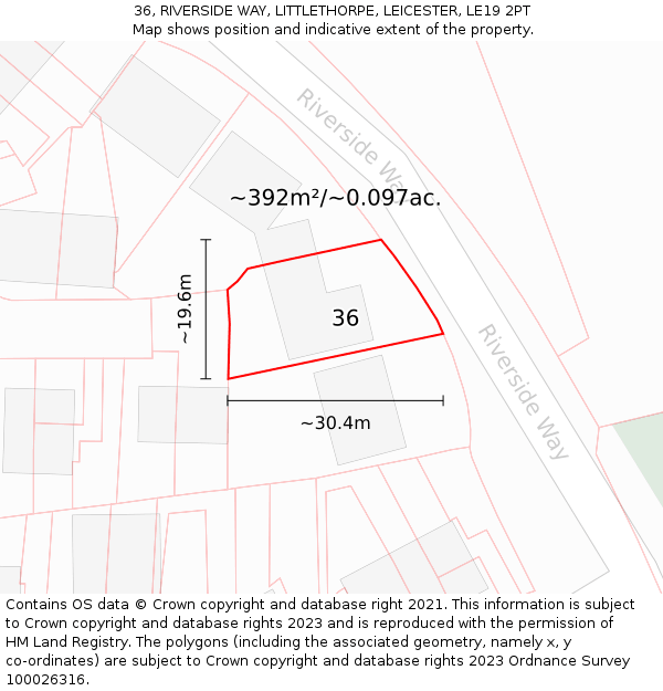 36, RIVERSIDE WAY, LITTLETHORPE, LEICESTER, LE19 2PT: Plot and title map