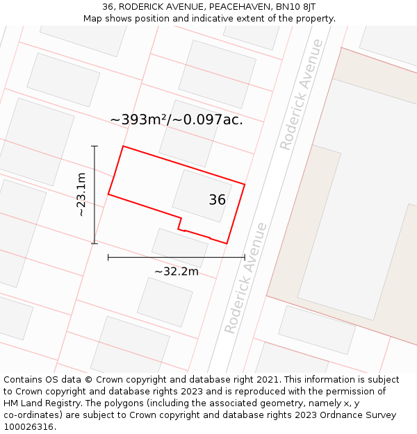 36, RODERICK AVENUE, PEACEHAVEN, BN10 8JT: Plot and title map