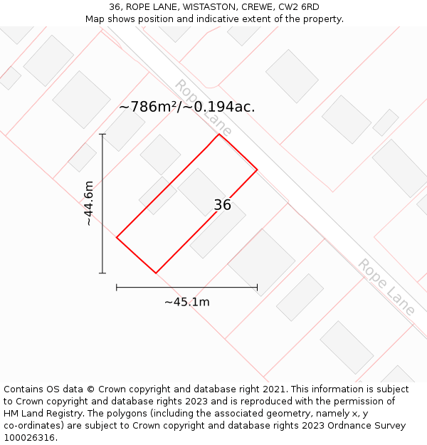 36, ROPE LANE, WISTASTON, CREWE, CW2 6RD: Plot and title map