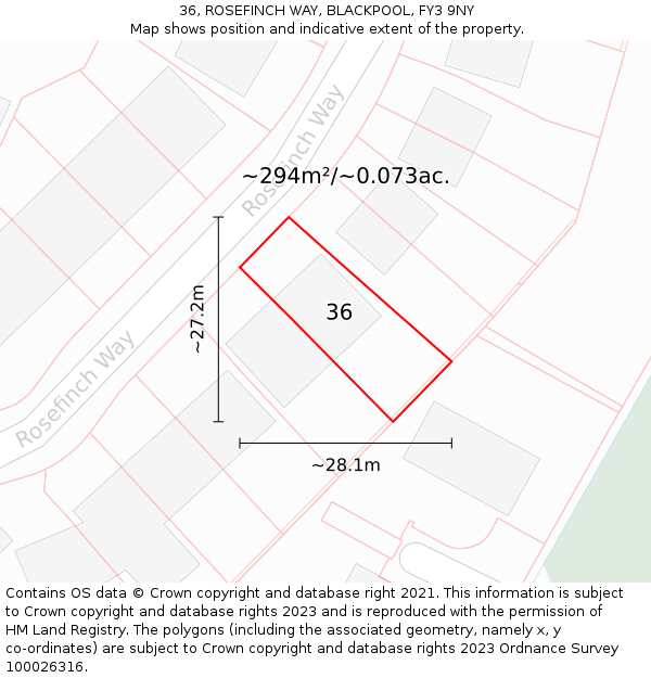 36, ROSEFINCH WAY, BLACKPOOL, FY3 9NY: Plot and title map