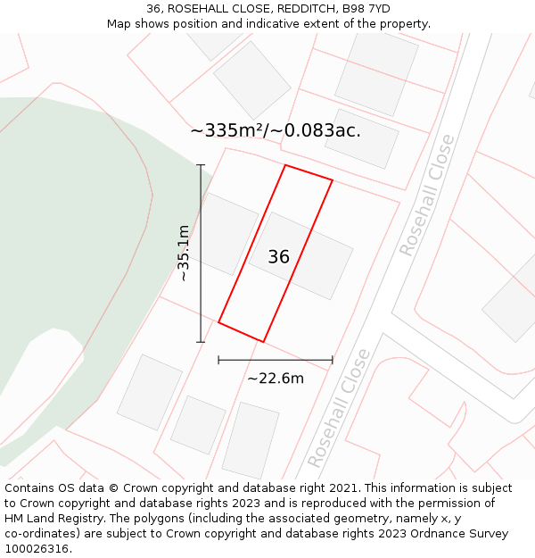 36, ROSEHALL CLOSE, REDDITCH, B98 7YD: Plot and title map