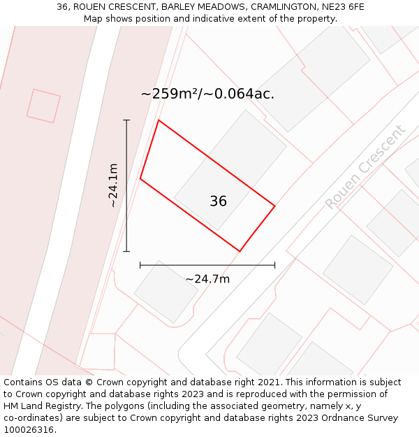 36, ROUEN CRESCENT, BARLEY MEADOWS, CRAMLINGTON, NE23 6FE: Plot and title map