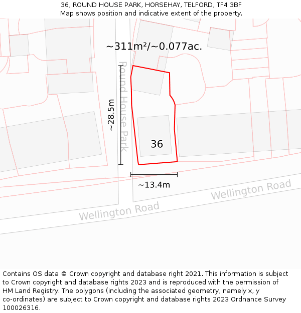 36, ROUND HOUSE PARK, HORSEHAY, TELFORD, TF4 3BF: Plot and title map