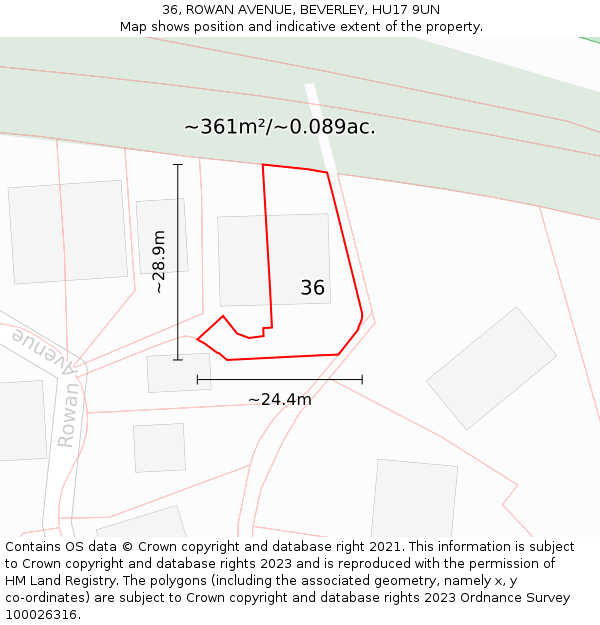 36, ROWAN AVENUE, BEVERLEY, HU17 9UN: Plot and title map