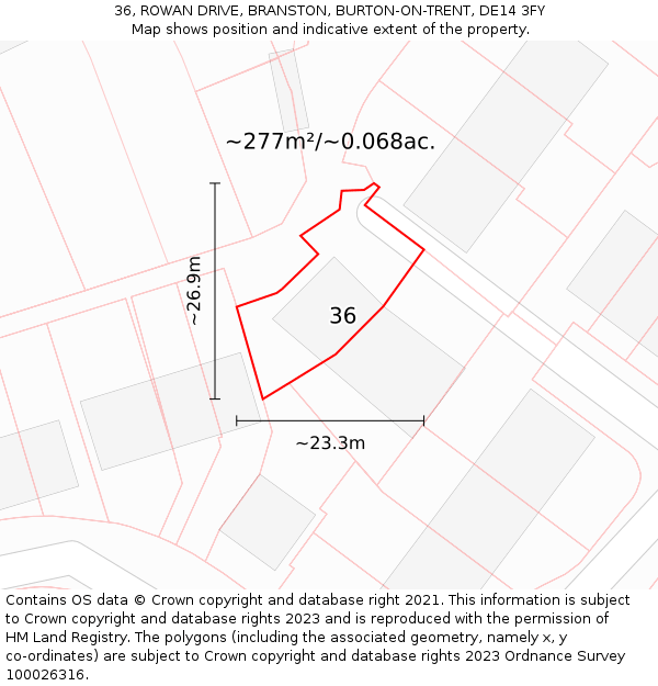 36, ROWAN DRIVE, BRANSTON, BURTON-ON-TRENT, DE14 3FY: Plot and title map