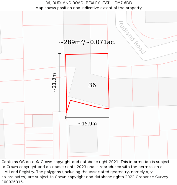 36, RUDLAND ROAD, BEXLEYHEATH, DA7 6DD: Plot and title map