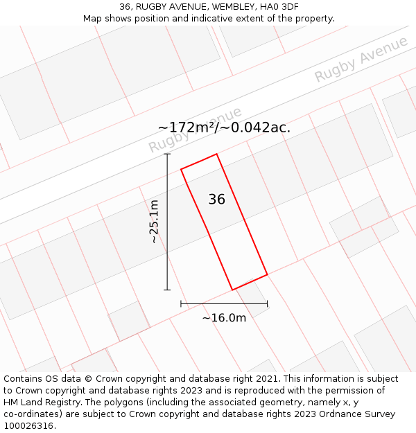 36, RUGBY AVENUE, WEMBLEY, HA0 3DF: Plot and title map