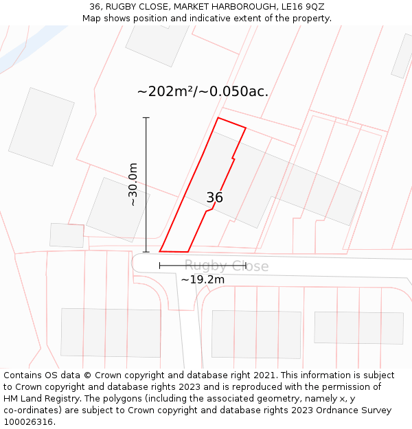 36, RUGBY CLOSE, MARKET HARBOROUGH, LE16 9QZ: Plot and title map