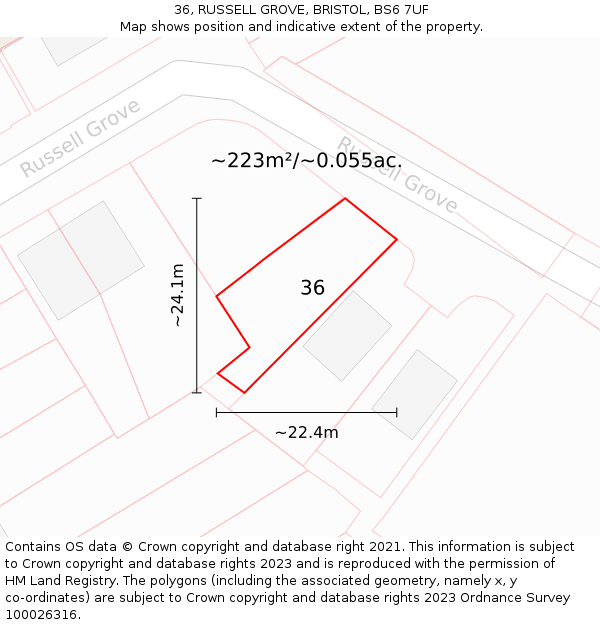 36, RUSSELL GROVE, BRISTOL, BS6 7UF: Plot and title map