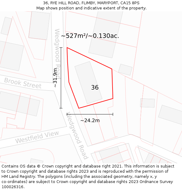 36, RYE HILL ROAD, FLIMBY, MARYPORT, CA15 8PS: Plot and title map