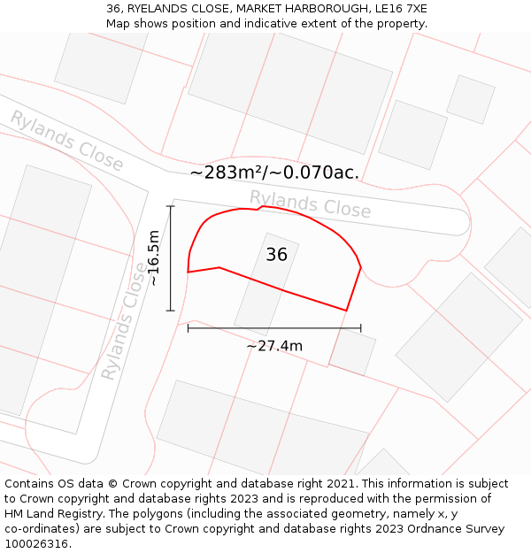 36, RYELANDS CLOSE, MARKET HARBOROUGH, LE16 7XE: Plot and title map