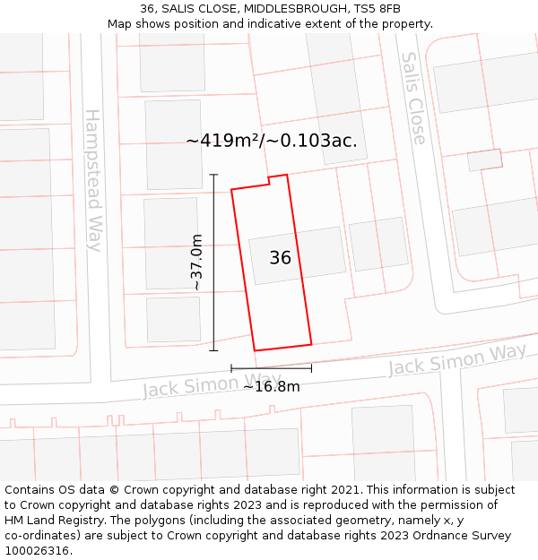 36, SALIS CLOSE, MIDDLESBROUGH, TS5 8FB: Plot and title map