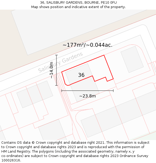 36, SALISBURY GARDENS, BOURNE, PE10 0FU: Plot and title map