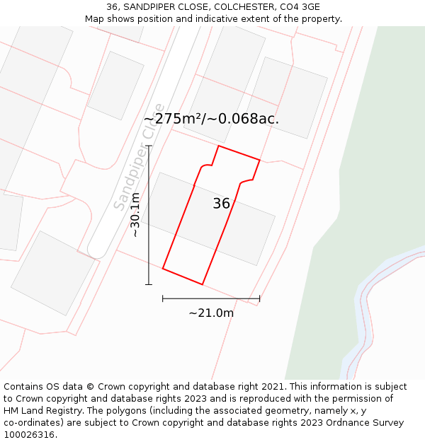 36, SANDPIPER CLOSE, COLCHESTER, CO4 3GE: Plot and title map