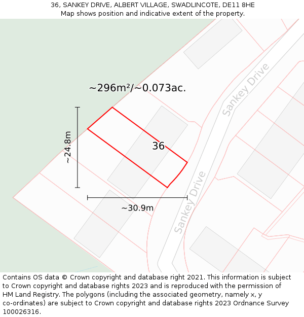36, SANKEY DRIVE, ALBERT VILLAGE, SWADLINCOTE, DE11 8HE: Plot and title map