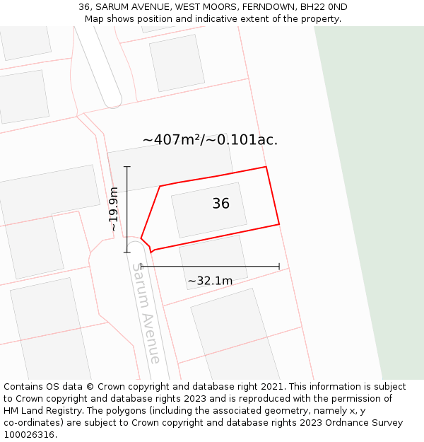 36, SARUM AVENUE, WEST MOORS, FERNDOWN, BH22 0ND: Plot and title map