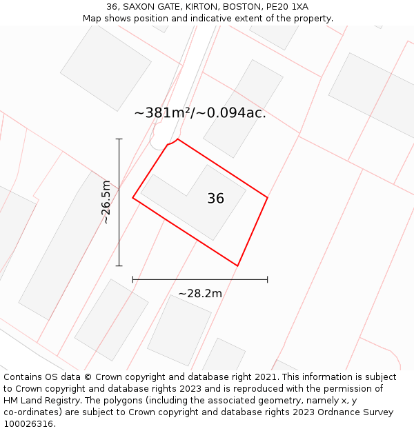 36, SAXON GATE, KIRTON, BOSTON, PE20 1XA: Plot and title map