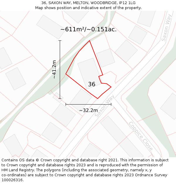 36, SAXON WAY, MELTON, WOODBRIDGE, IP12 1LG: Plot and title map