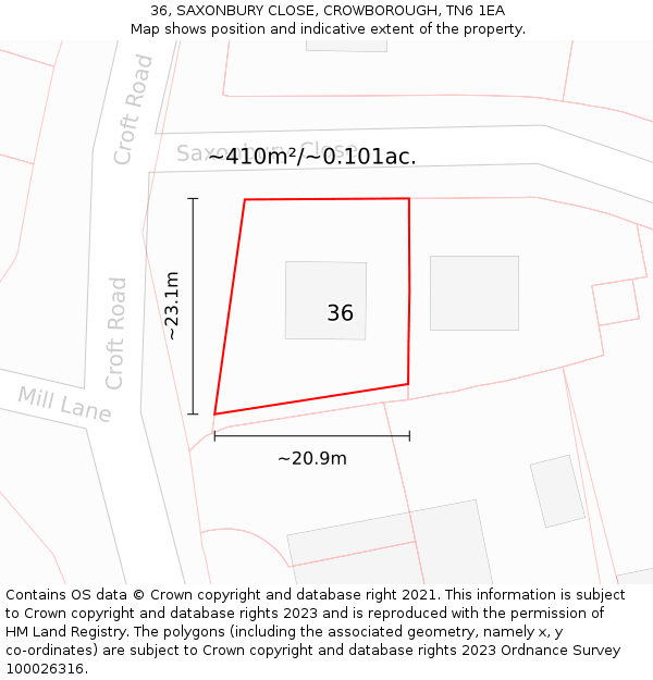 36, SAXONBURY CLOSE, CROWBOROUGH, TN6 1EA: Plot and title map