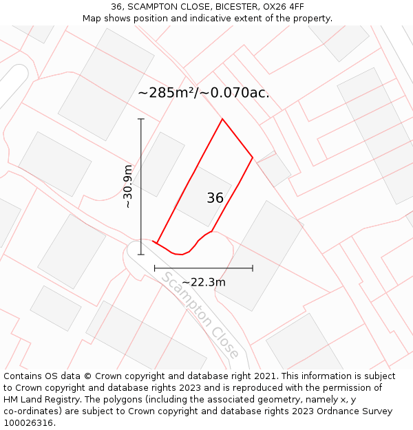 36, SCAMPTON CLOSE, BICESTER, OX26 4FF: Plot and title map