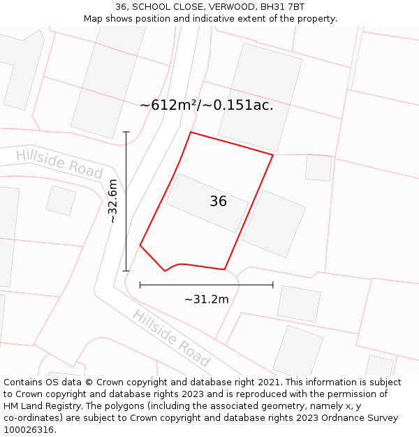 36, SCHOOL CLOSE, VERWOOD, BH31 7BT: Plot and title map