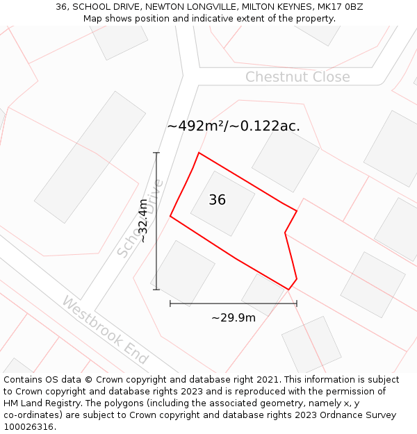 36, SCHOOL DRIVE, NEWTON LONGVILLE, MILTON KEYNES, MK17 0BZ: Plot and title map