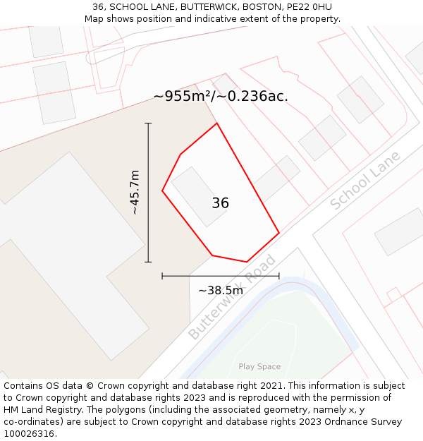 36, SCHOOL LANE, BUTTERWICK, BOSTON, PE22 0HU: Plot and title map