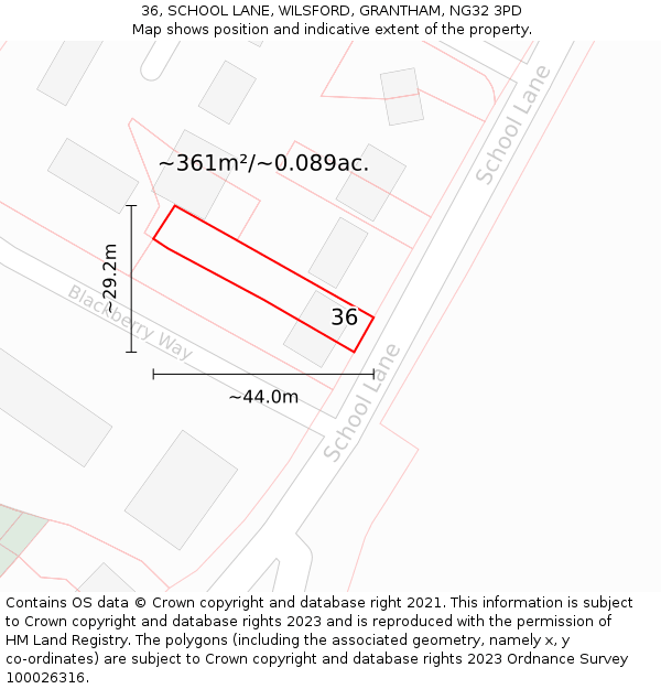 36, SCHOOL LANE, WILSFORD, GRANTHAM, NG32 3PD: Plot and title map