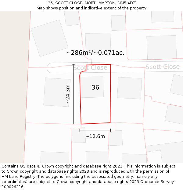 36, SCOTT CLOSE, NORTHAMPTON, NN5 4DZ: Plot and title map