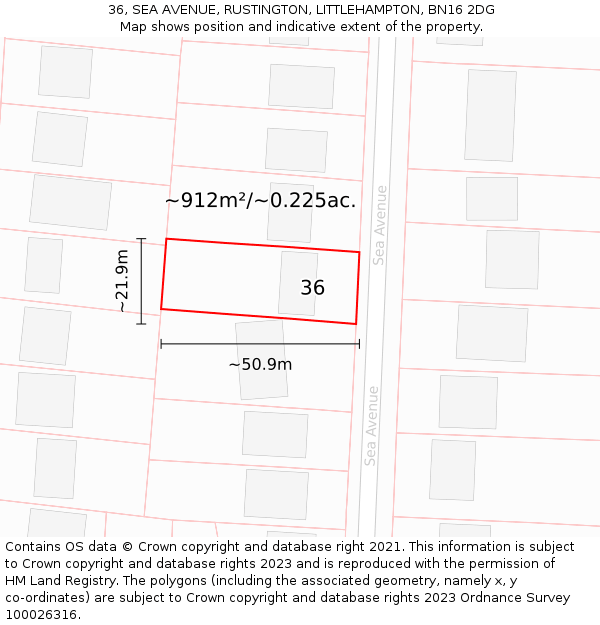 36, SEA AVENUE, RUSTINGTON, LITTLEHAMPTON, BN16 2DG: Plot and title map