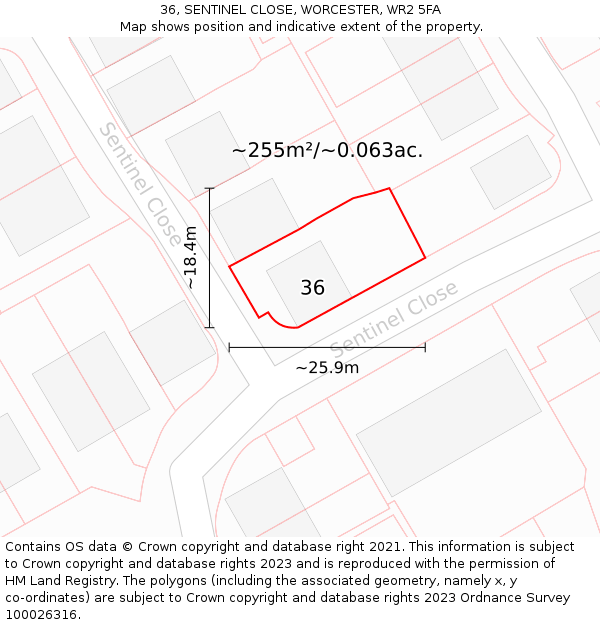 36, SENTINEL CLOSE, WORCESTER, WR2 5FA: Plot and title map