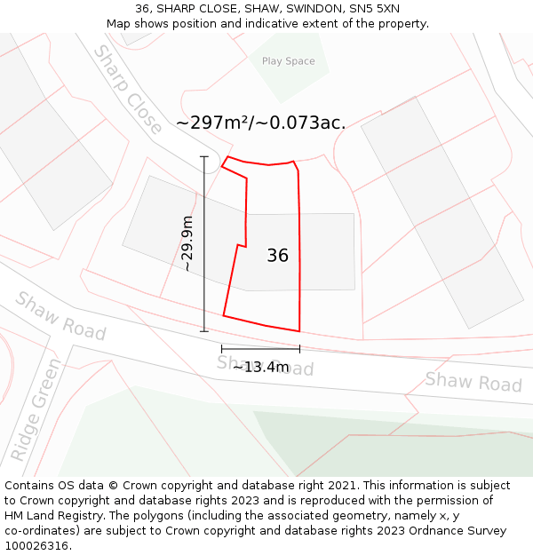 36, SHARP CLOSE, SHAW, SWINDON, SN5 5XN: Plot and title map