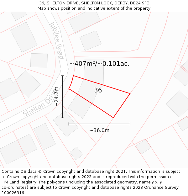 36, SHELTON DRIVE, SHELTON LOCK, DERBY, DE24 9FB: Plot and title map