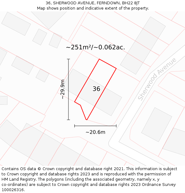 36, SHERWOOD AVENUE, FERNDOWN, BH22 8JT: Plot and title map