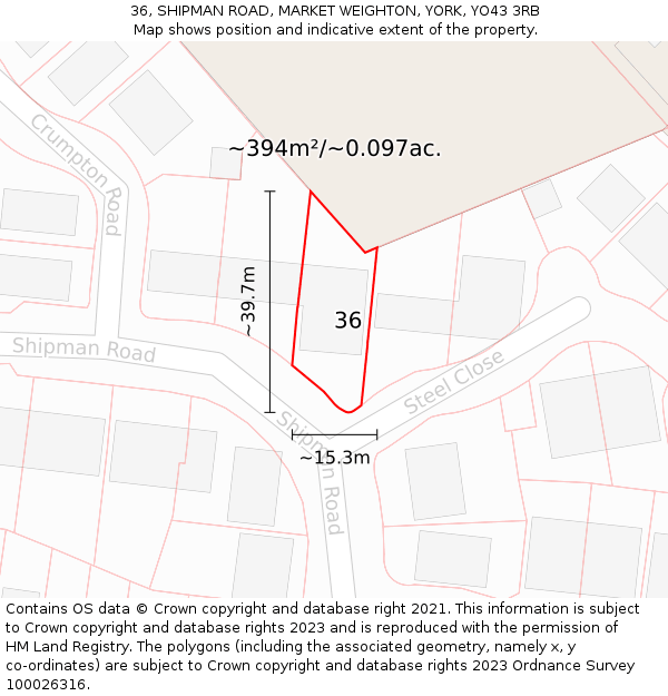 36, SHIPMAN ROAD, MARKET WEIGHTON, YORK, YO43 3RB: Plot and title map