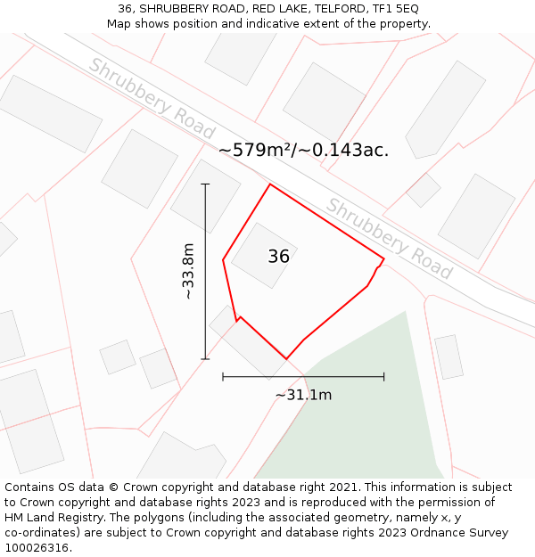 36, SHRUBBERY ROAD, RED LAKE, TELFORD, TF1 5EQ: Plot and title map