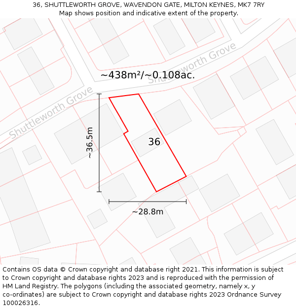 36, SHUTTLEWORTH GROVE, WAVENDON GATE, MILTON KEYNES, MK7 7RY: Plot and title map