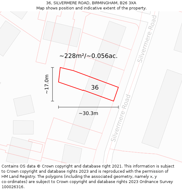 36, SILVERMERE ROAD, BIRMINGHAM, B26 3XA: Plot and title map