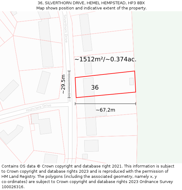 36, SILVERTHORN DRIVE, HEMEL HEMPSTEAD, HP3 8BX: Plot and title map