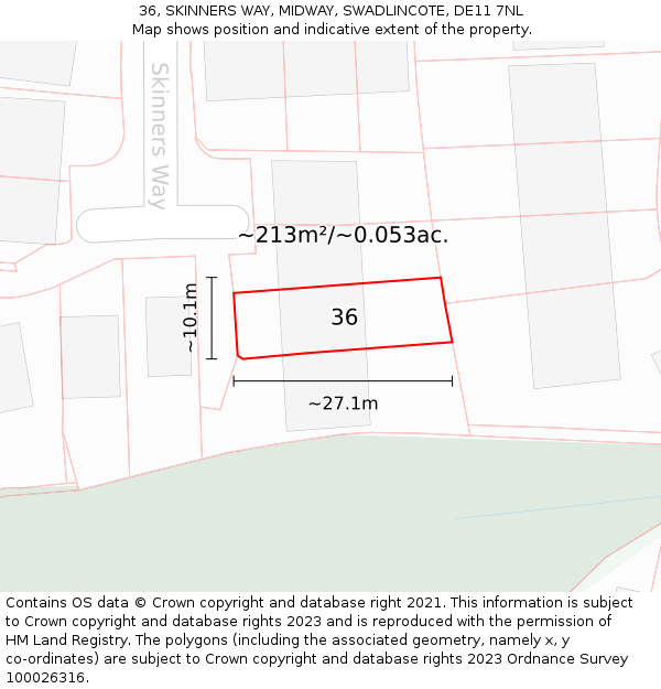 36, SKINNERS WAY, MIDWAY, SWADLINCOTE, DE11 7NL: Plot and title map